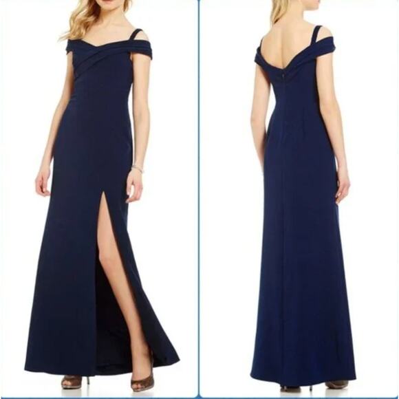 NWT Aidan Mattox Off-the-Shoulder Pleated Crepe Gown Twilight Navy Size 6 - Picture 1 of 12